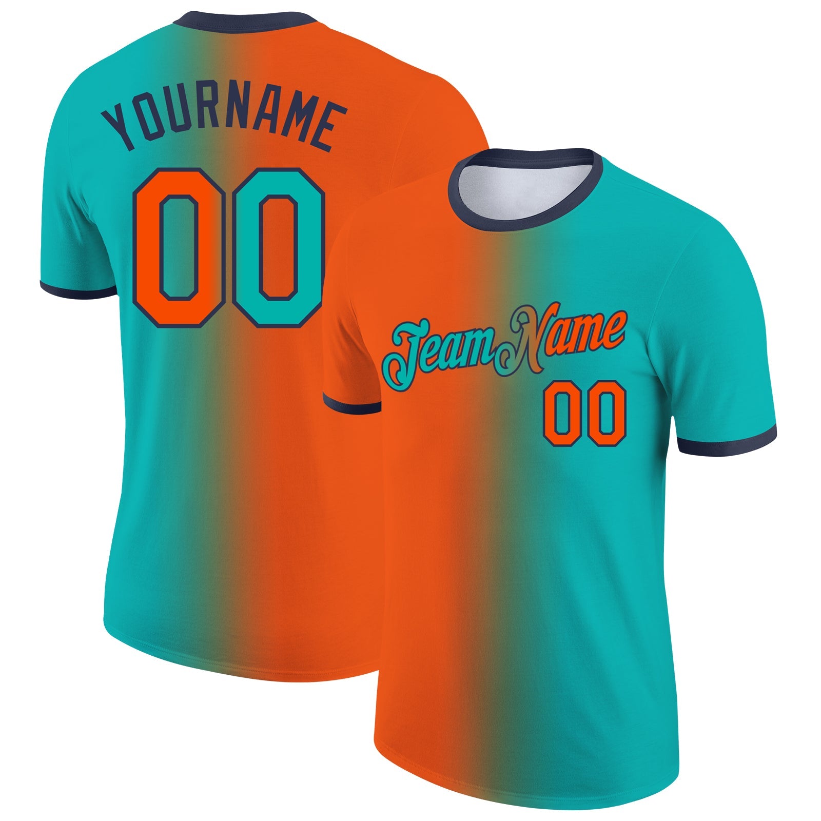 Custom Aqua Orange-Navy Gradient Fashion Performance T-Shirt - Main View