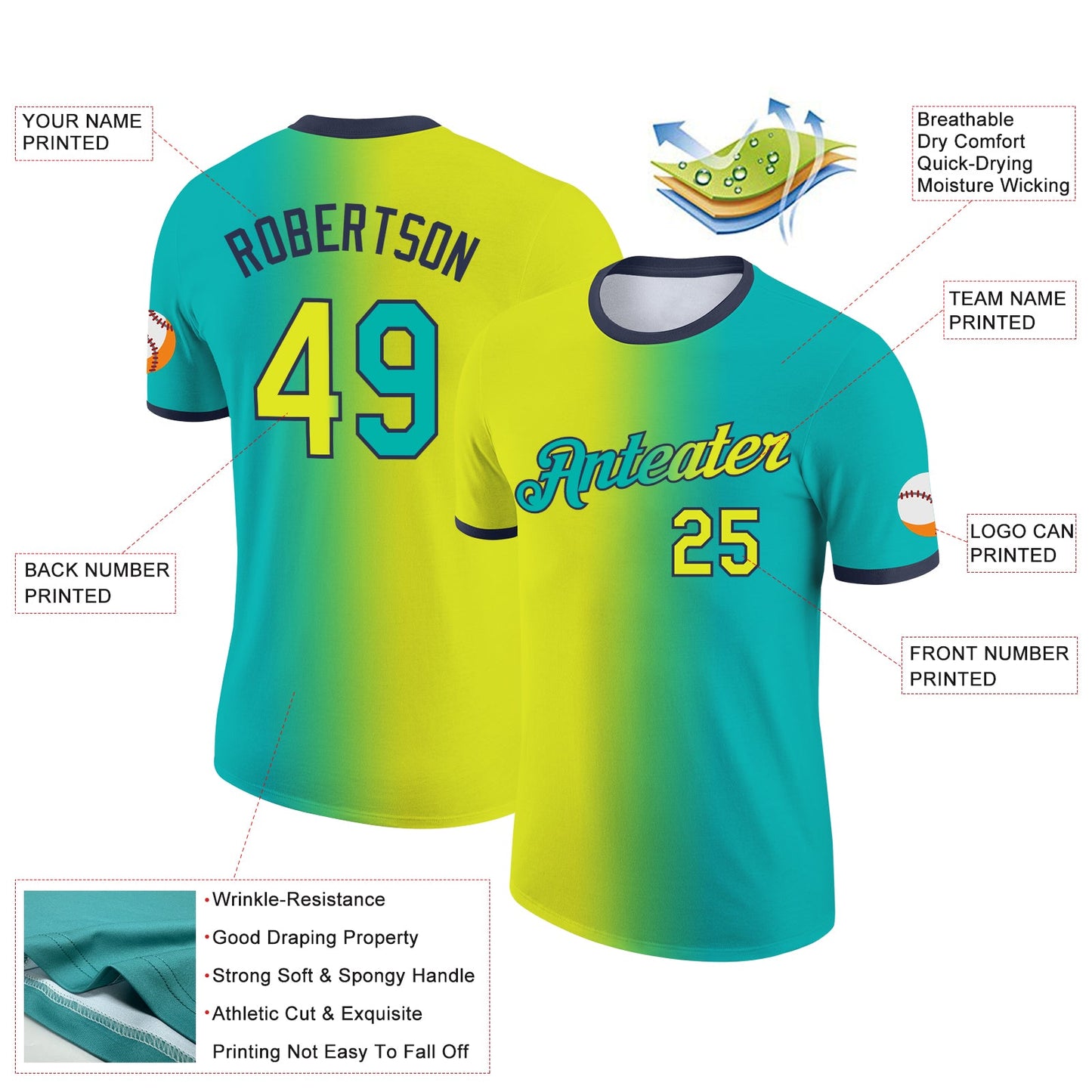 Custom Aqua Neon Yellow-Navy Gradient Fashion Performance T-Shirt view 2