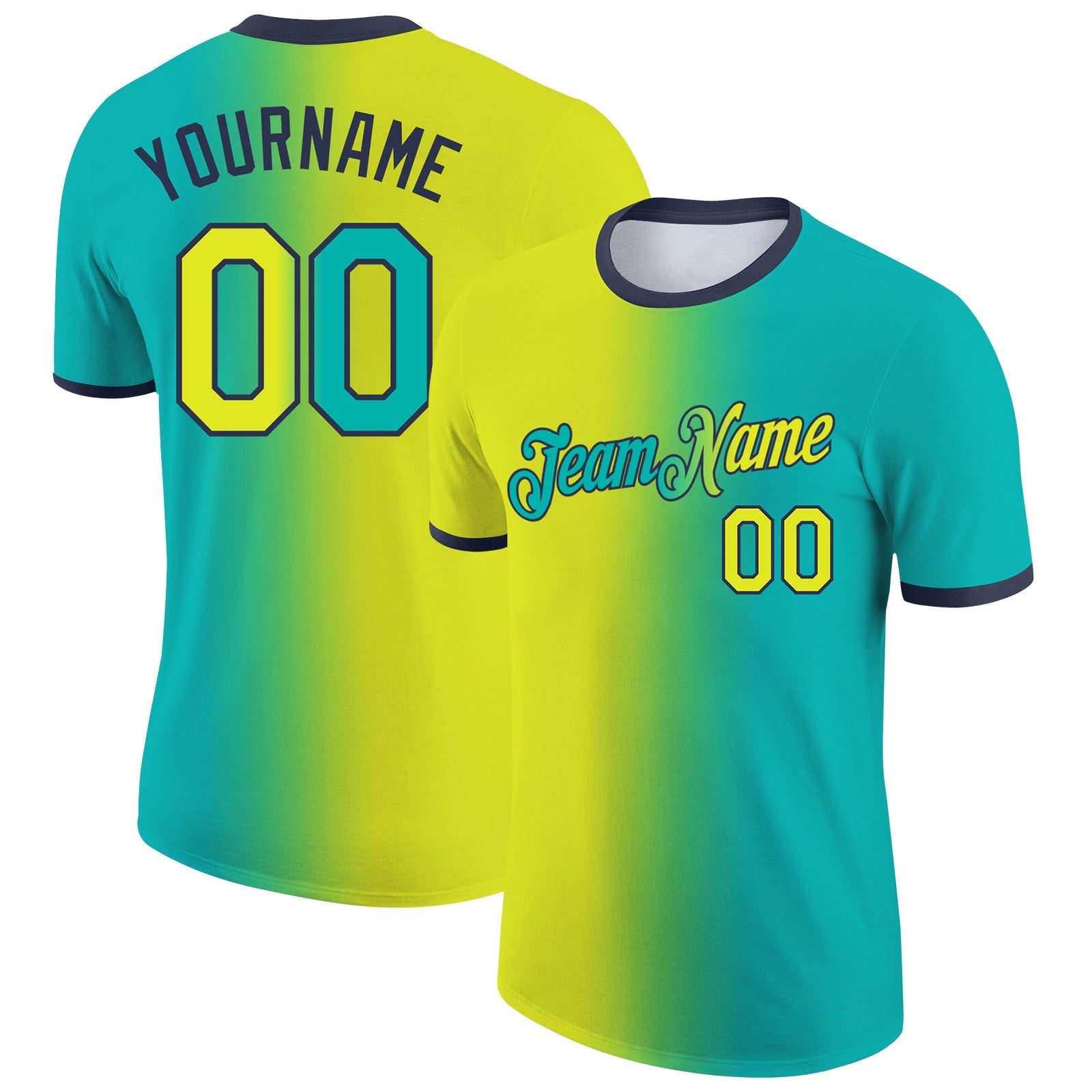 Custom Aqua Neon Yellow-Navy Gradient Fashion Performance T-Shirt - Main View