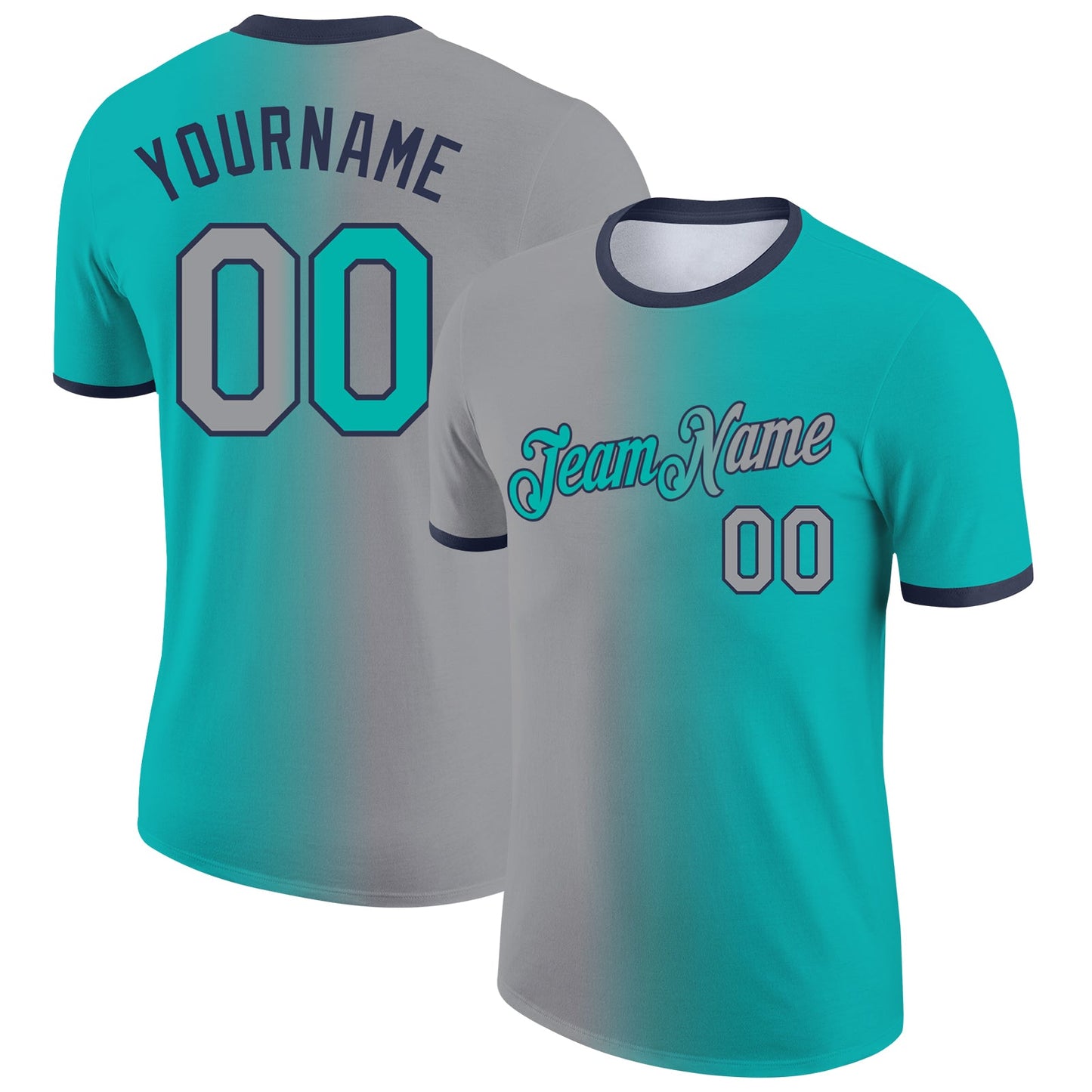 Custom Aqua Gray-Navy Gradient Fashion Performance T-Shirt - Main View