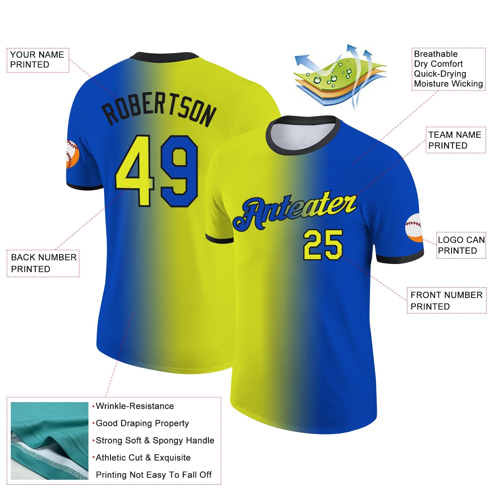 Custom Thunder Blue Neon Yellow-Black Gradient Fashion Performance T-Shirt view 2
