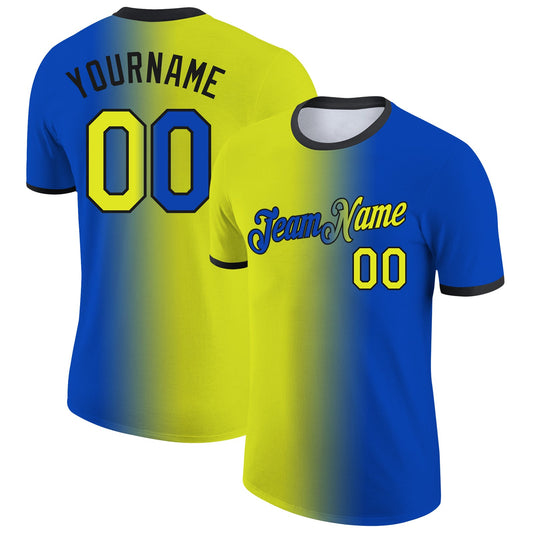 Custom Thunder Blue Neon Yellow-Black Gradient Fashion Performance T-Shirt - Main View