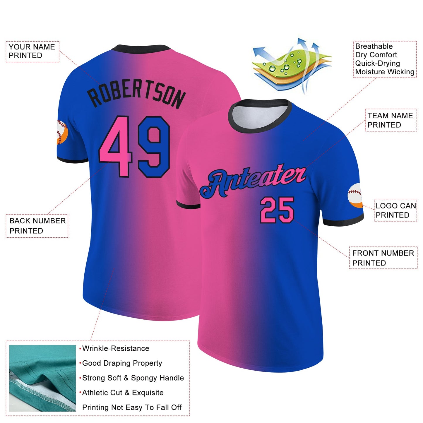 Custom Thunder Blue Pink-Black Gradient Fashion Performance T-Shirt view 2