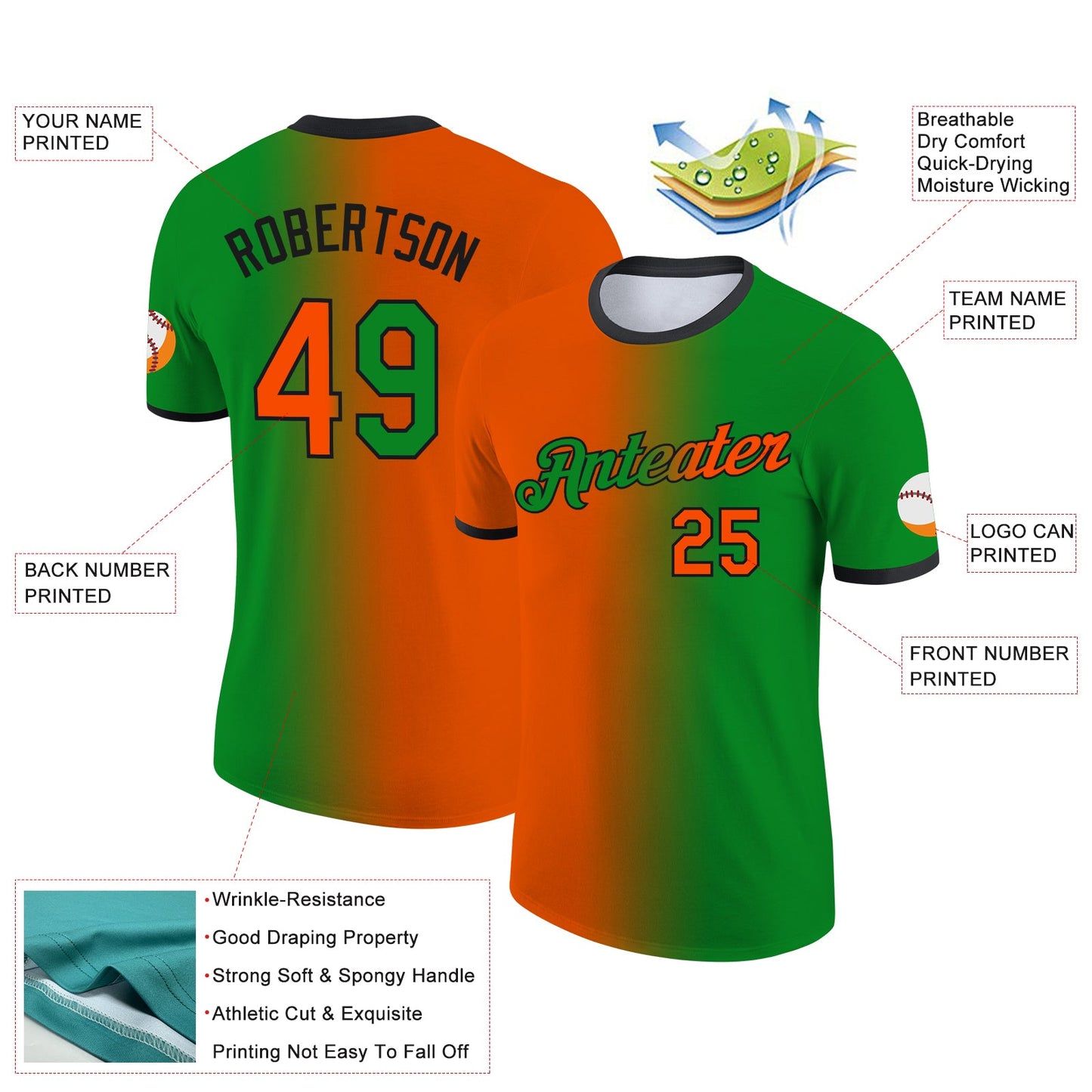 Custom Grass Green Orange-Black Gradient Fashion Performance T-Shirt view 2