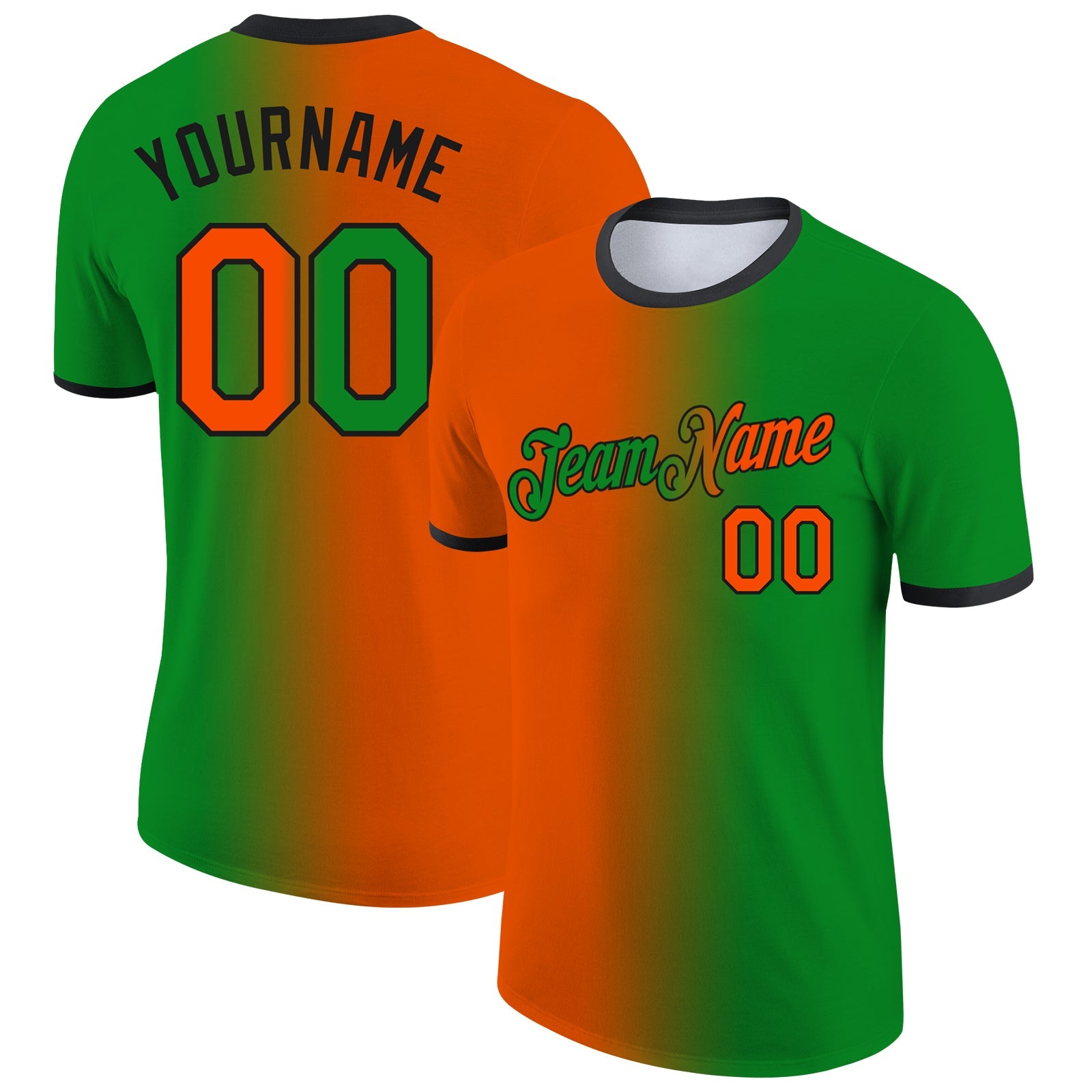 Custom Grass Green Orange-Black Gradient Fashion Performance T-Shirt - Main View