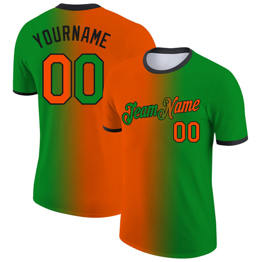 Custom Grass Green Orange-Black Gradient Fashion Performance T-Shirt - Main View