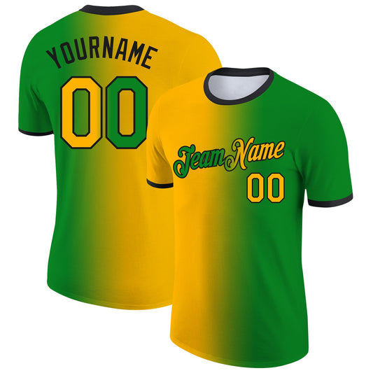 Custom Grass Green Gold-Black Gradient Fashion Performance T-Shirt - Main View