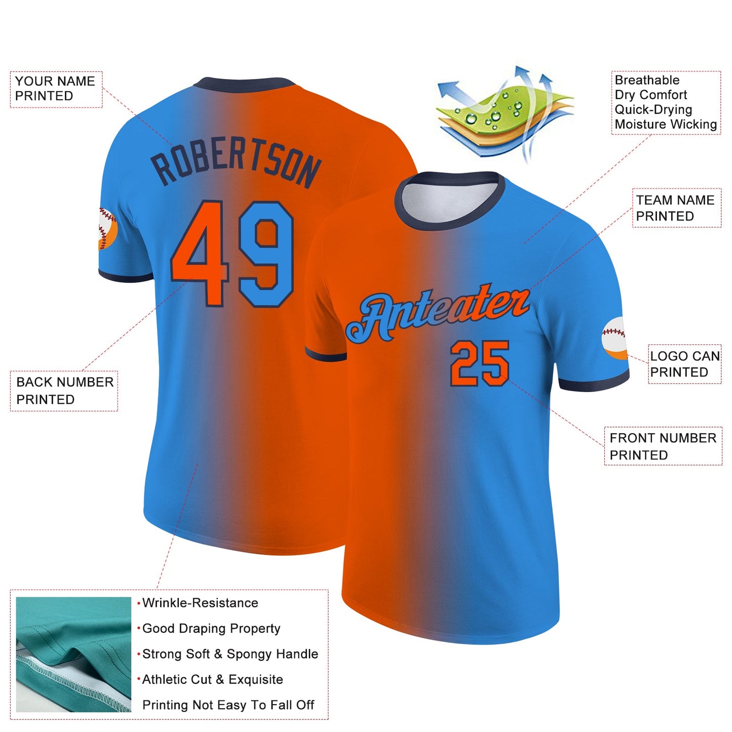 Custom Powder Blue Orange-Navy Gradient Fashion Performance T-Shirt view 2