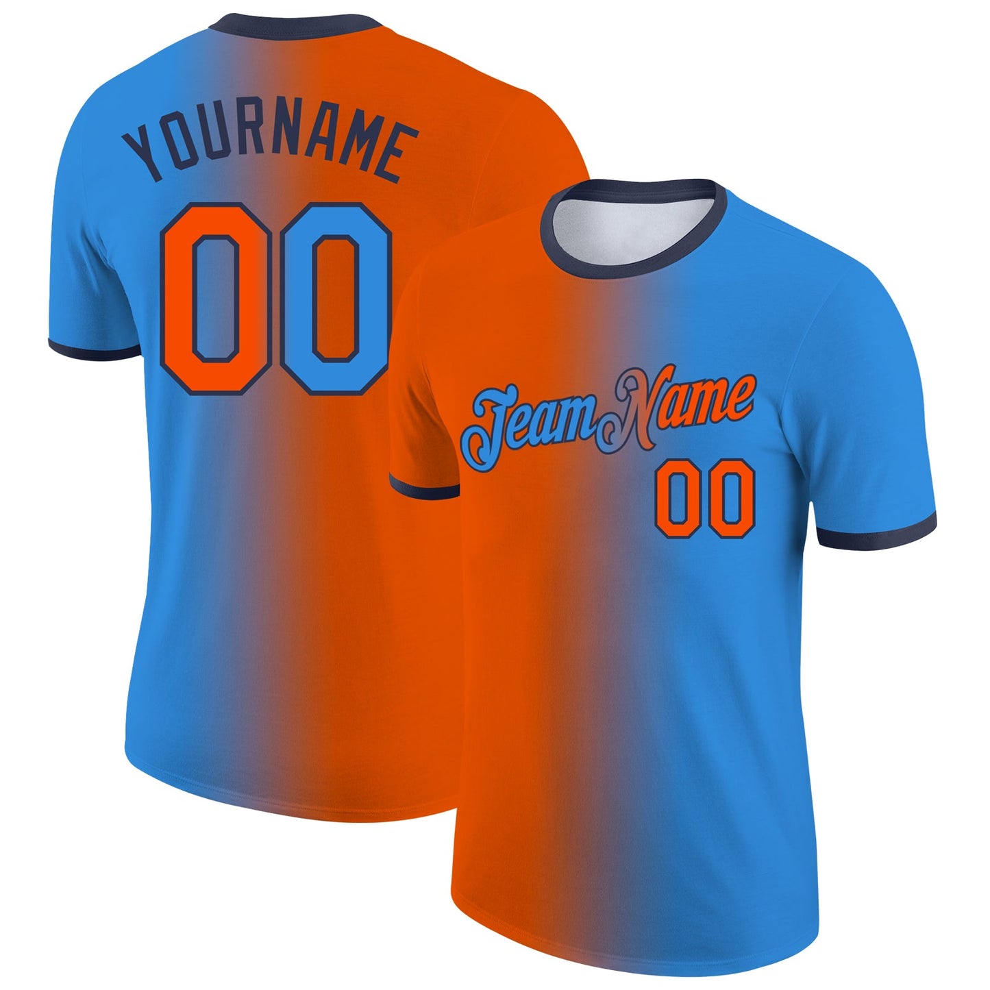 Custom Powder Blue Orange-Navy Gradient Fashion Performance T-Shirt - Main View
