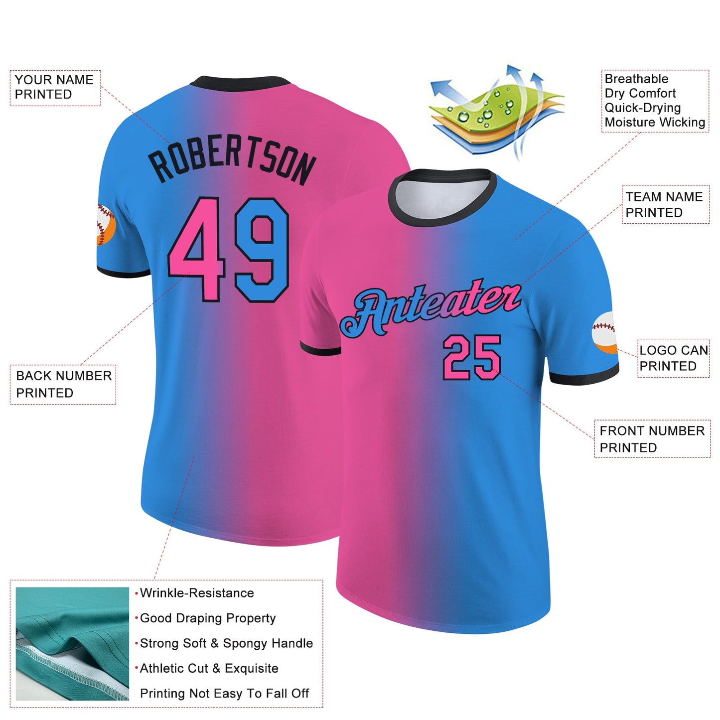 Custom Powder Blue Pink-Black Gradient Fashion Performance T-Shirt view 2