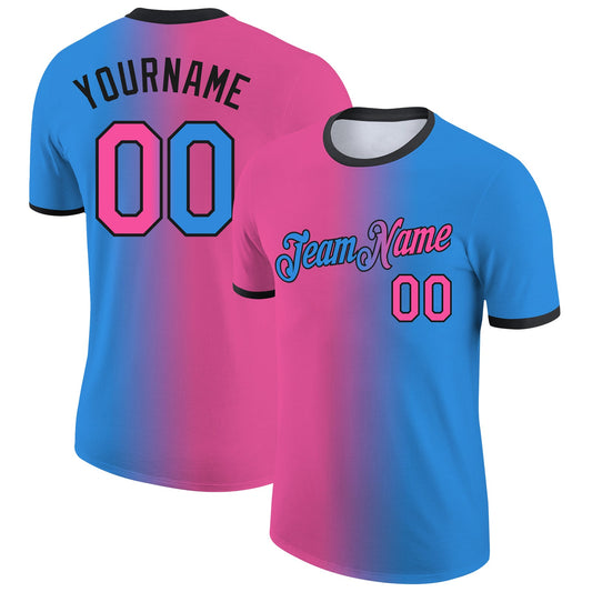 Custom Powder Blue Pink-Black Gradient Fashion Performance T-Shirt - Main View