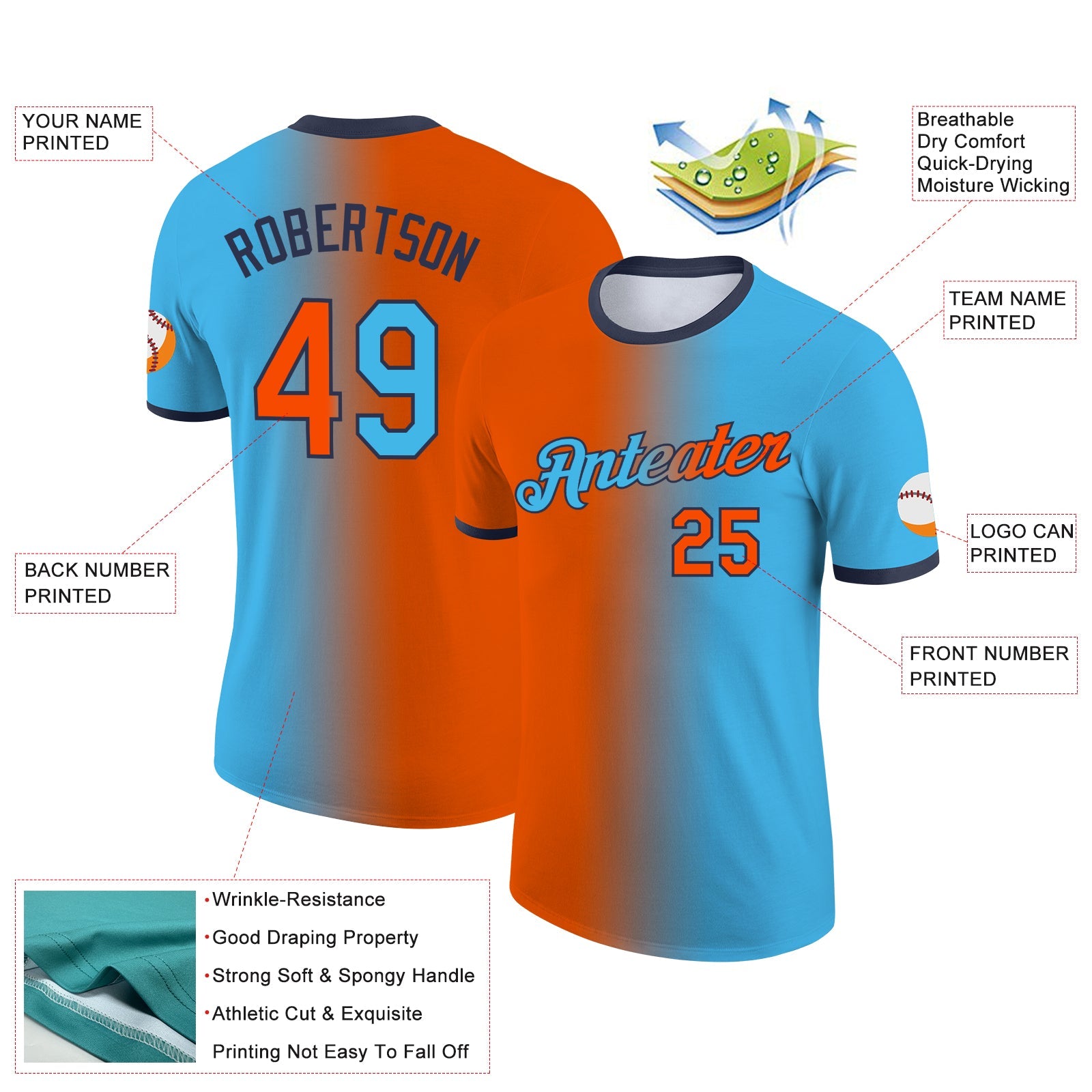 Custom Sky Blue Orange-Navy Gradient Fashion Performance T-Shirt view 2