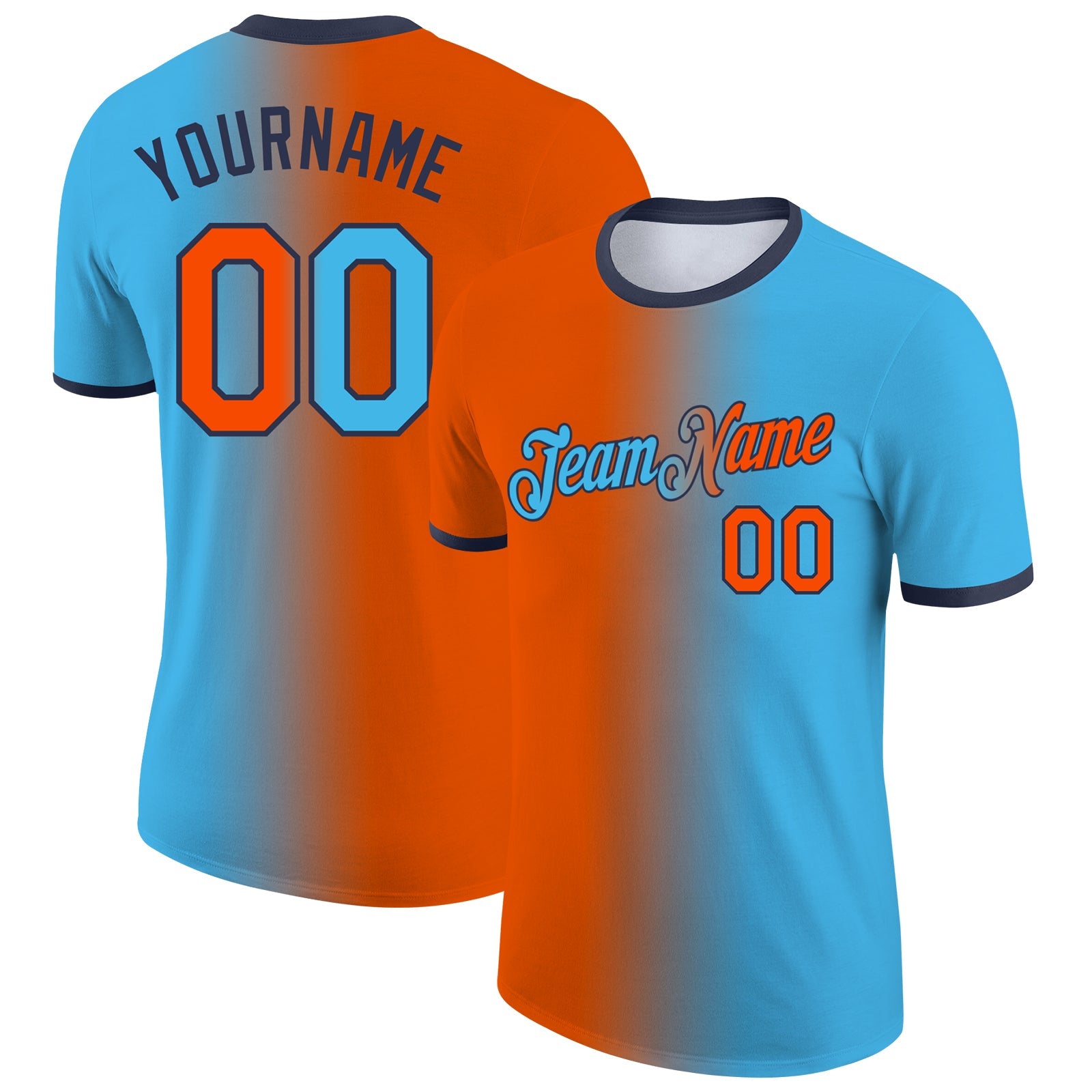 Custom Sky Blue Orange-Navy Gradient Fashion Performance T-Shirt - Main View