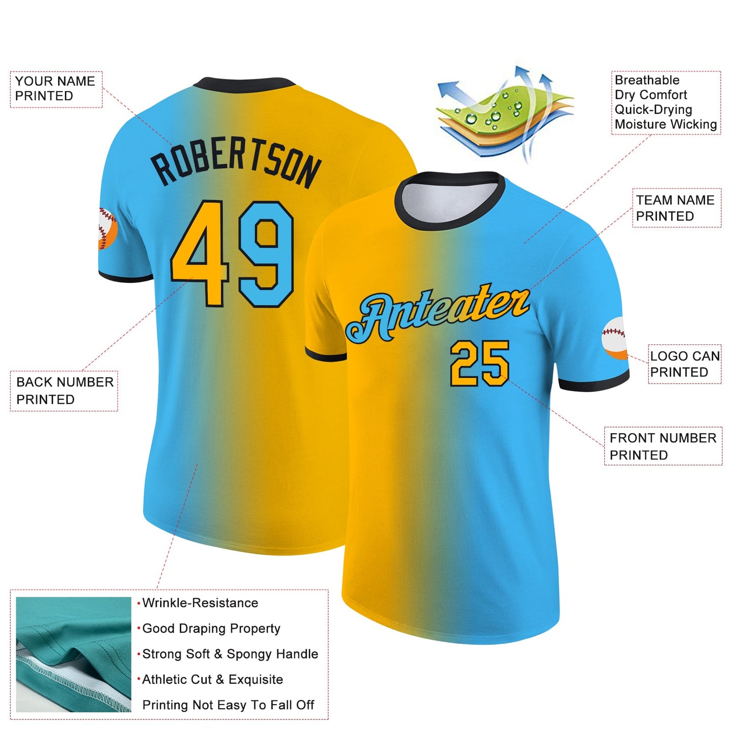 Custom Sky Blue Gold-Black Gradient Fashion Performance T-Shirt view 2