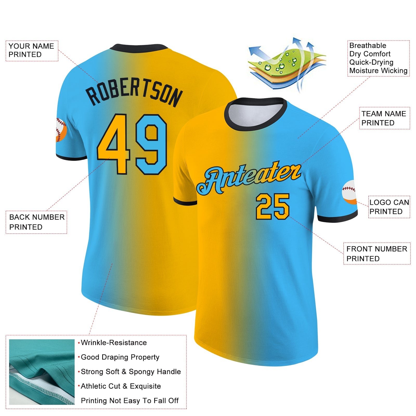 Custom Sky Blue Gold-Black Gradient Fashion Performance T-Shirt view 2