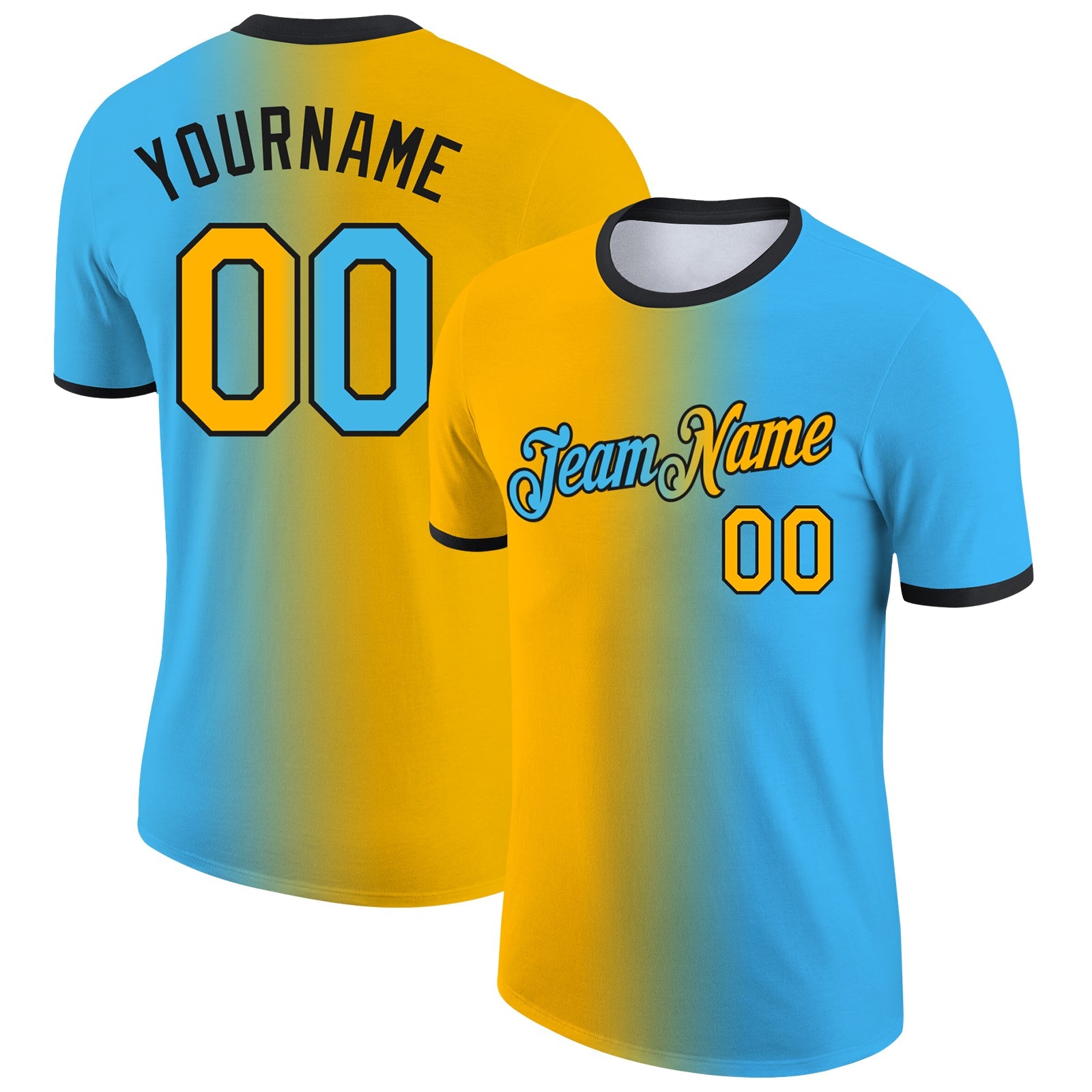 Custom Sky Blue Gold-Black Gradient Fashion Performance T-Shirt - Main View