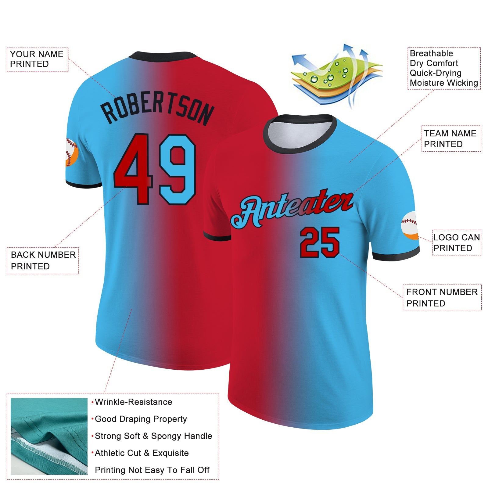 Custom Sky Blue Red-Black Gradient Fashion Performance T-Shirt view 2