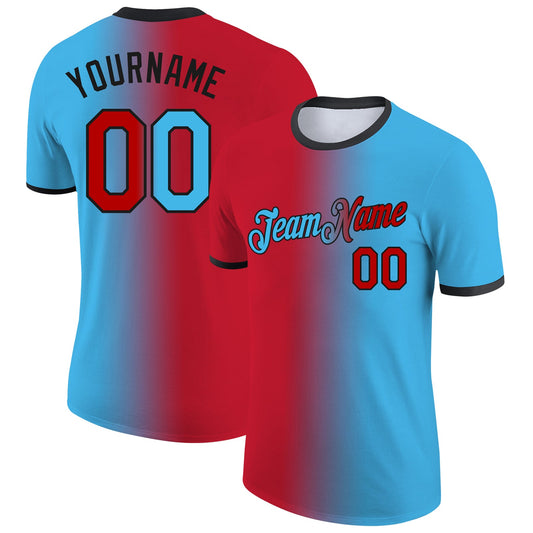 Custom Sky Blue Red-Black Gradient Fashion Performance T-Shirt - Main View