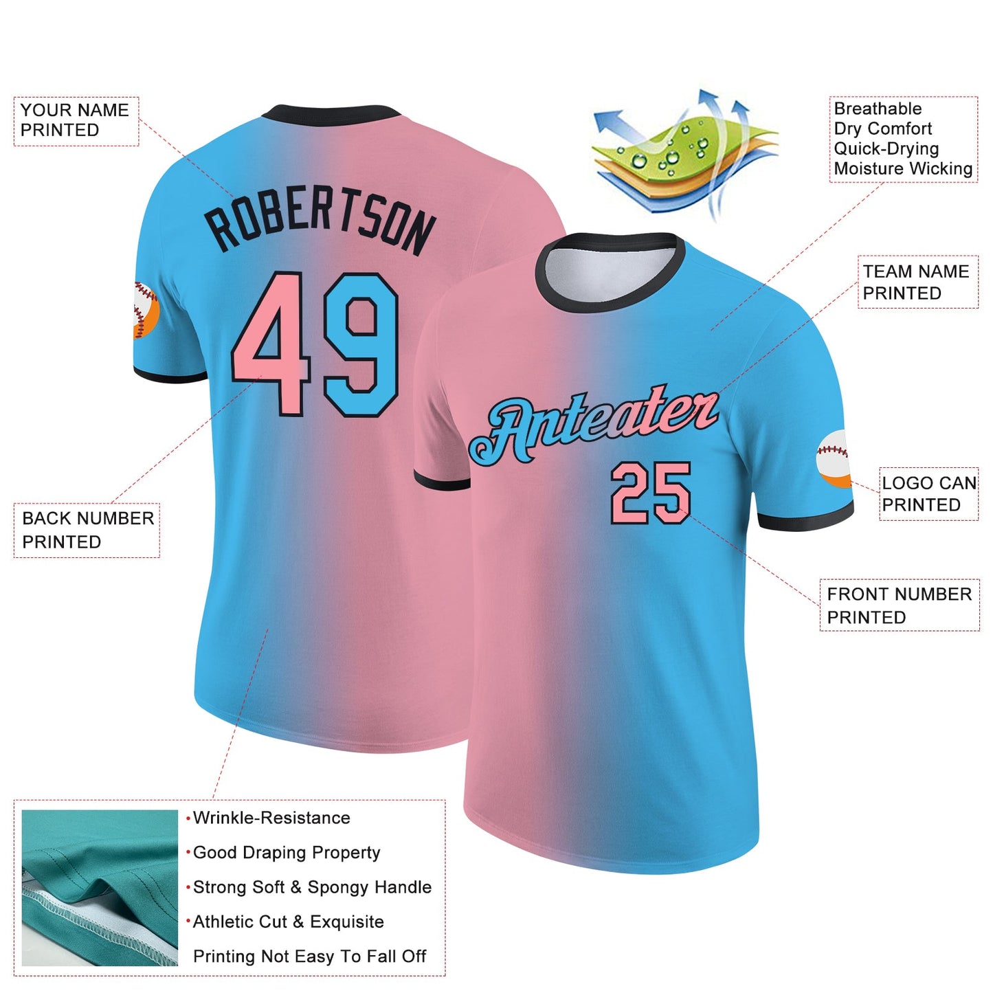 Custom Sky Blue Medium Pink-Black Gradient Fashion Performance T-Shirt view 2