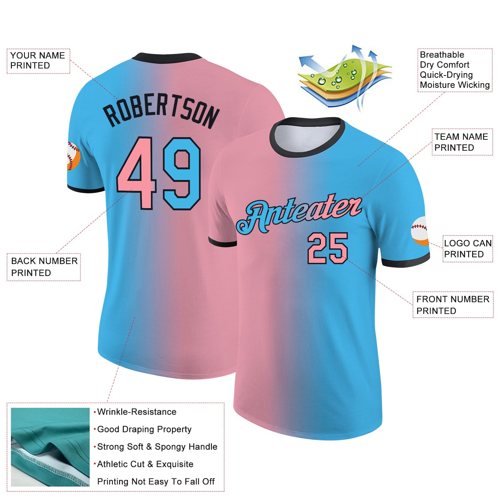 Custom Sky Blue Medium Pink-Black Gradient Fashion Performance T-Shirt view 2