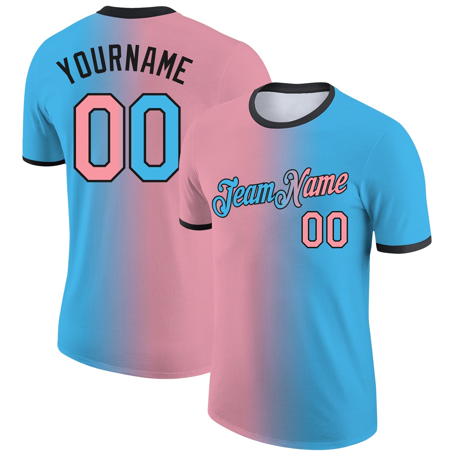 Custom Sky Blue Medium Pink-Black Gradient Fashion Performance T-Shirt - Main View