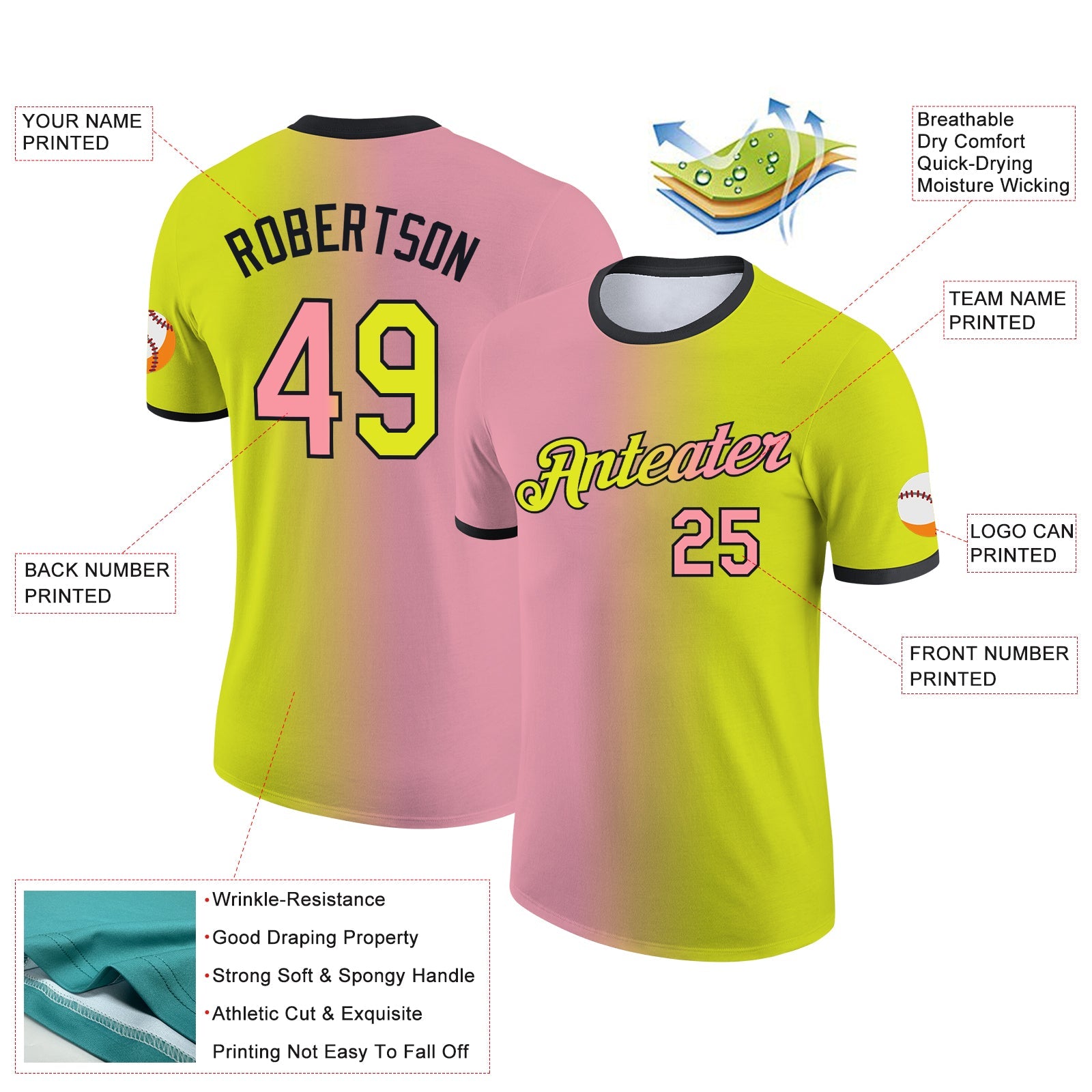 Custom Neon Yellow Medium Pink-Black Gradient Fashion Performance T-Shirt view 2