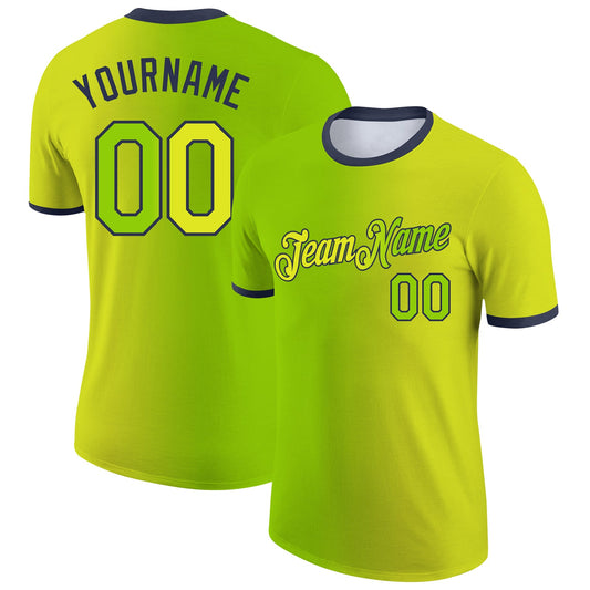Custom Neon Yellow Neon Green-Navy Gradient Fashion Performance T-Shirt - Main View