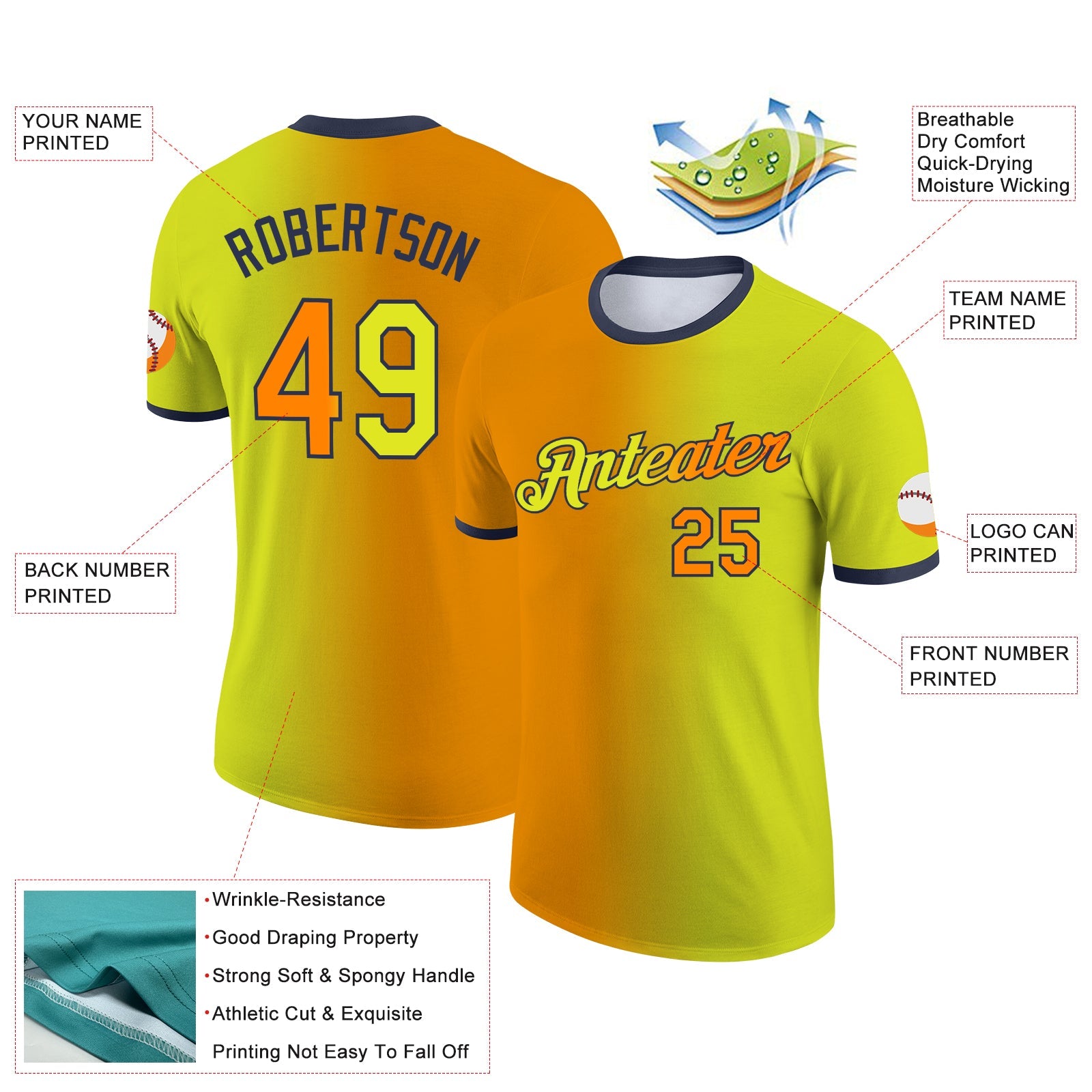 Custom Neon Yellow Bay Orange-Navy Gradient Fashion Performance T-Shirt view 2