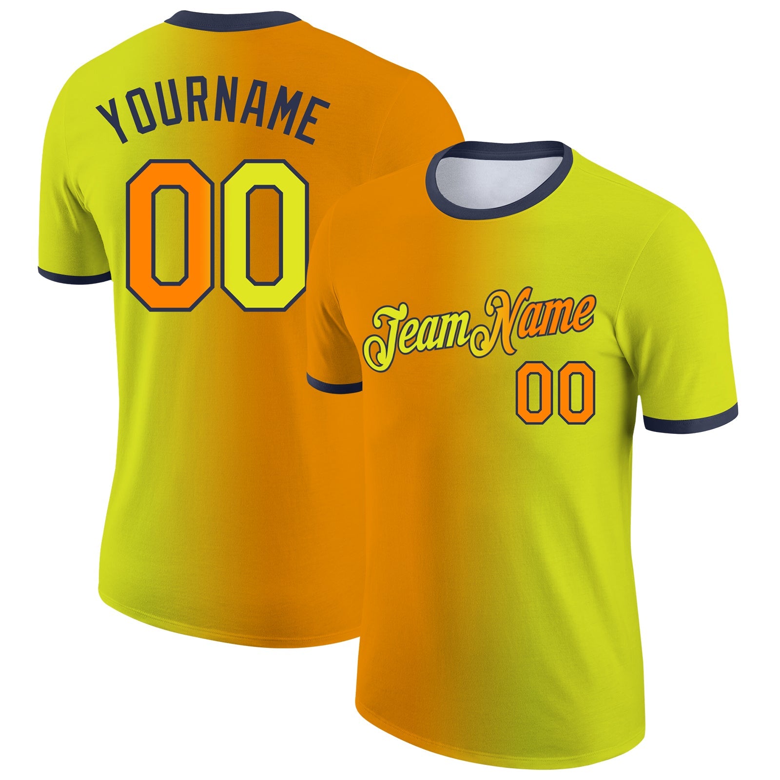 Custom Neon Yellow Bay Orange-Navy Gradient Fashion Performance T-Shirt - Main View
