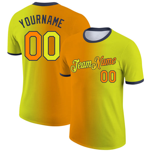 Custom Neon Yellow Bay Orange-Navy Gradient Fashion Performance T-Shirt - Main View