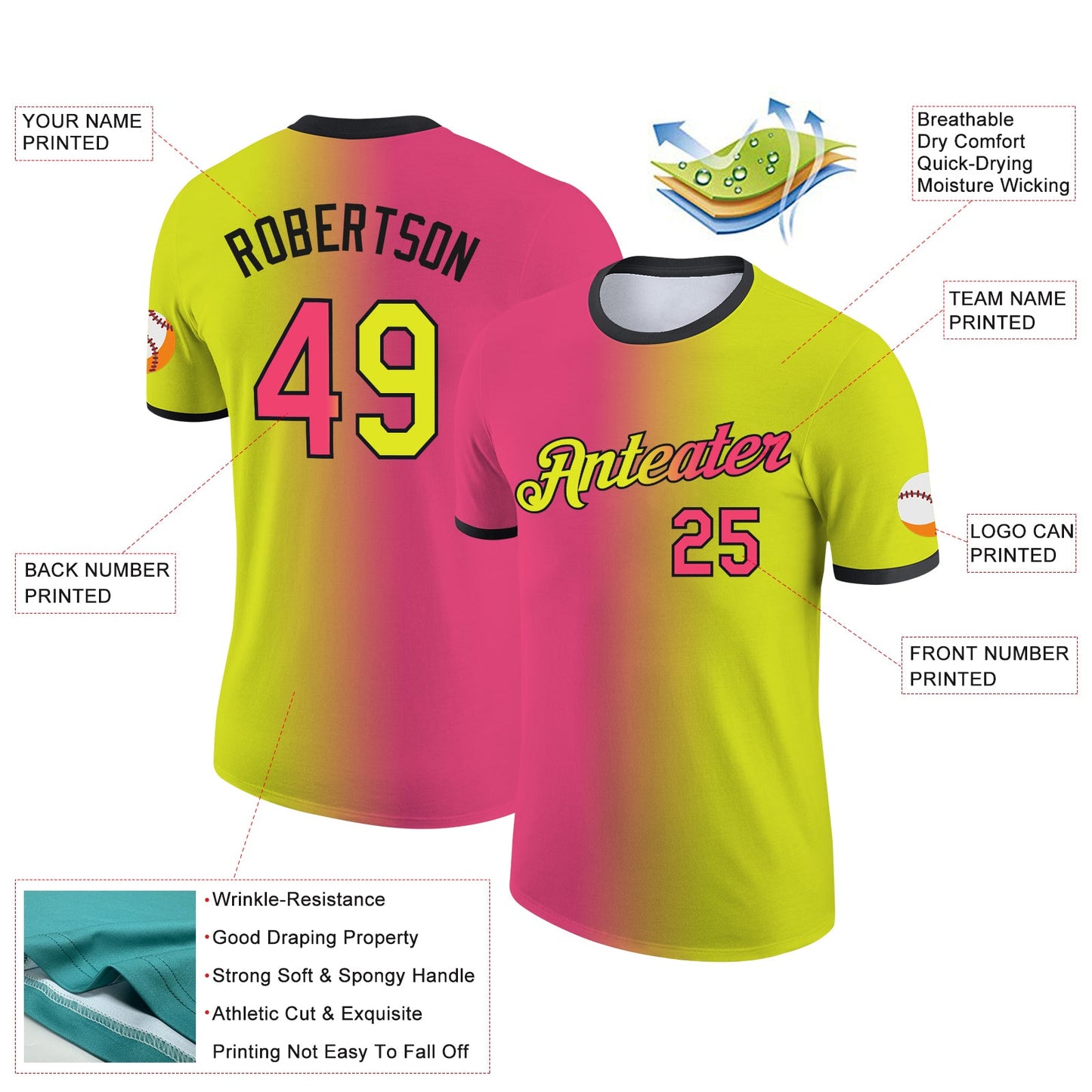 Custom Neon Yellow Neon Pink-Black Gradient Fashion Performance T-Shirt view 2