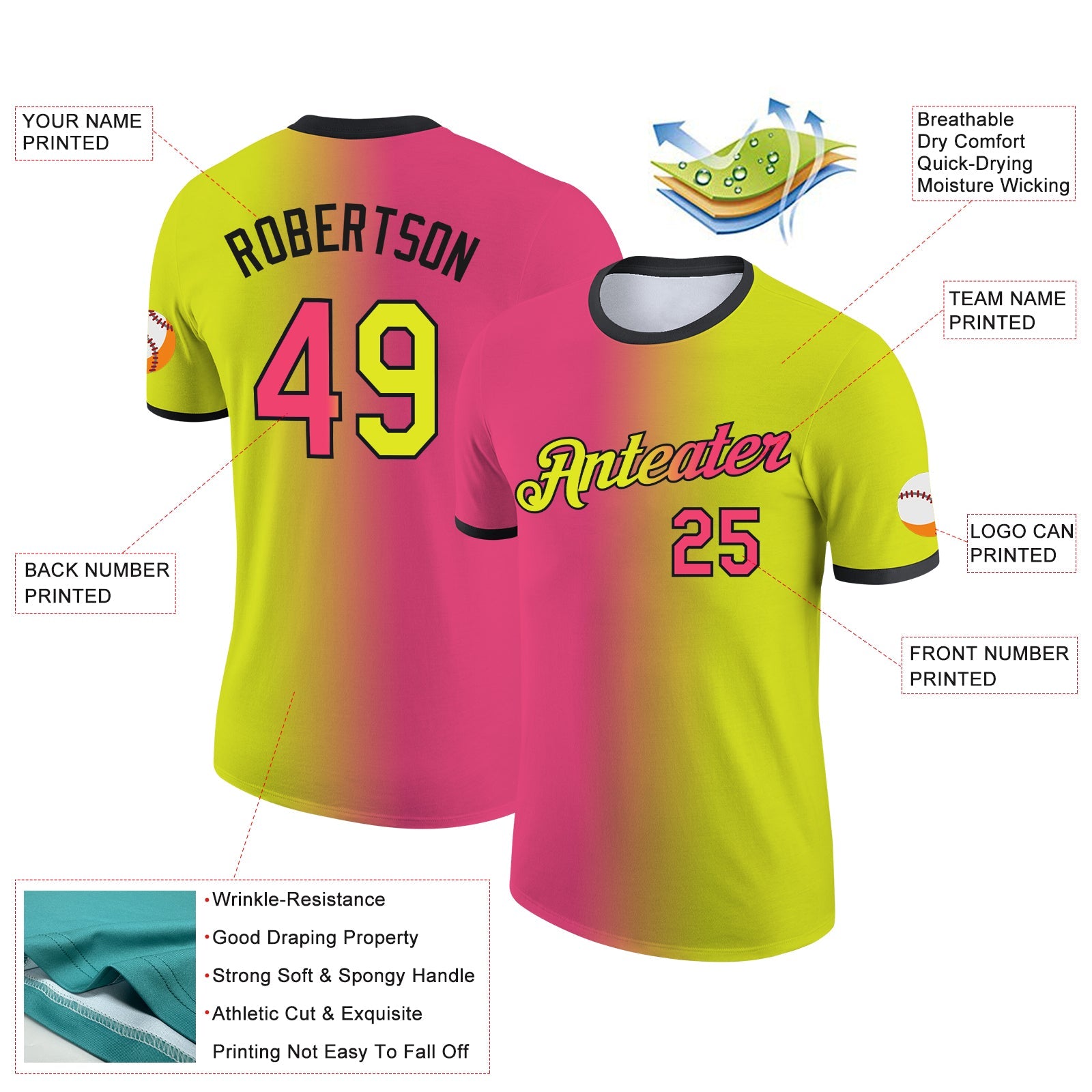 Custom Neon Yellow Neon Pink-Black Gradient Fashion Performance T-Shirt view 2