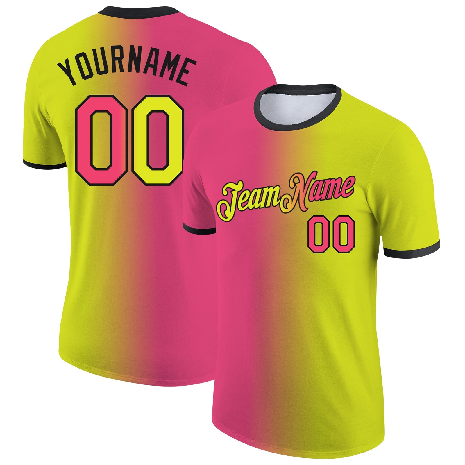Custom Neon Yellow Neon Pink-Black Gradient Fashion Performance T-Shirt - Main View