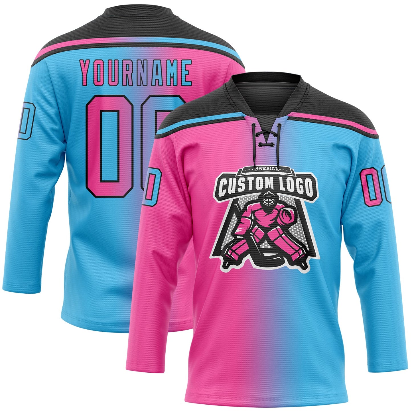 Custom Sky Blue Pink-Black Gradient Fashion Hockey Lace Neck Jersey view 2