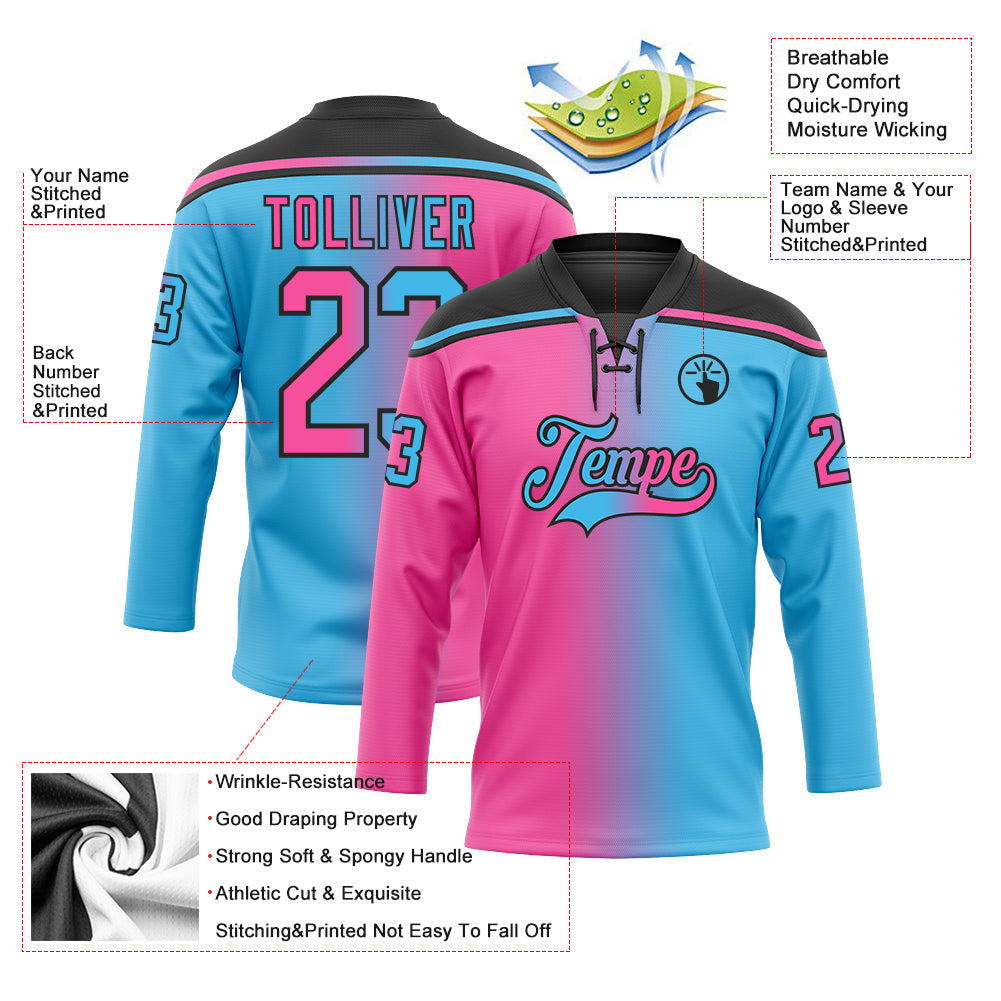 Custom Sky Blue Pink-Black Gradient Fashion Hockey Lace Neck Jersey view 5