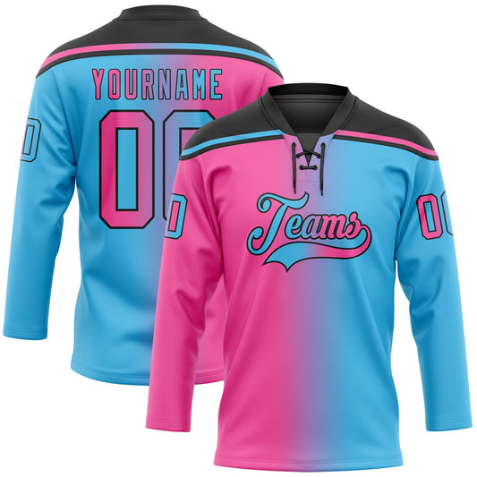 Custom Sky Blue Pink-Black Gradient Fashion Hockey Lace Neck Jersey - Main View