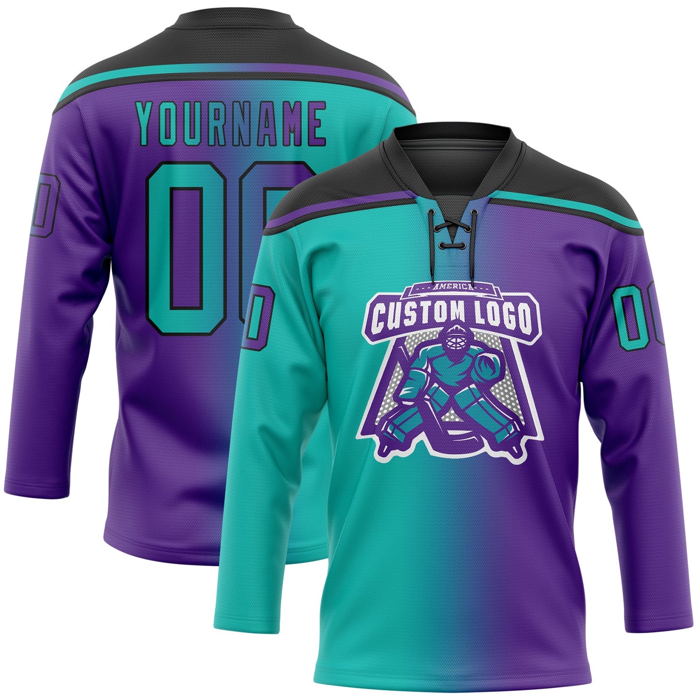 Custom Purple Aqua-Black Gradient Fashion Hockey Lace Neck Jersey view 2