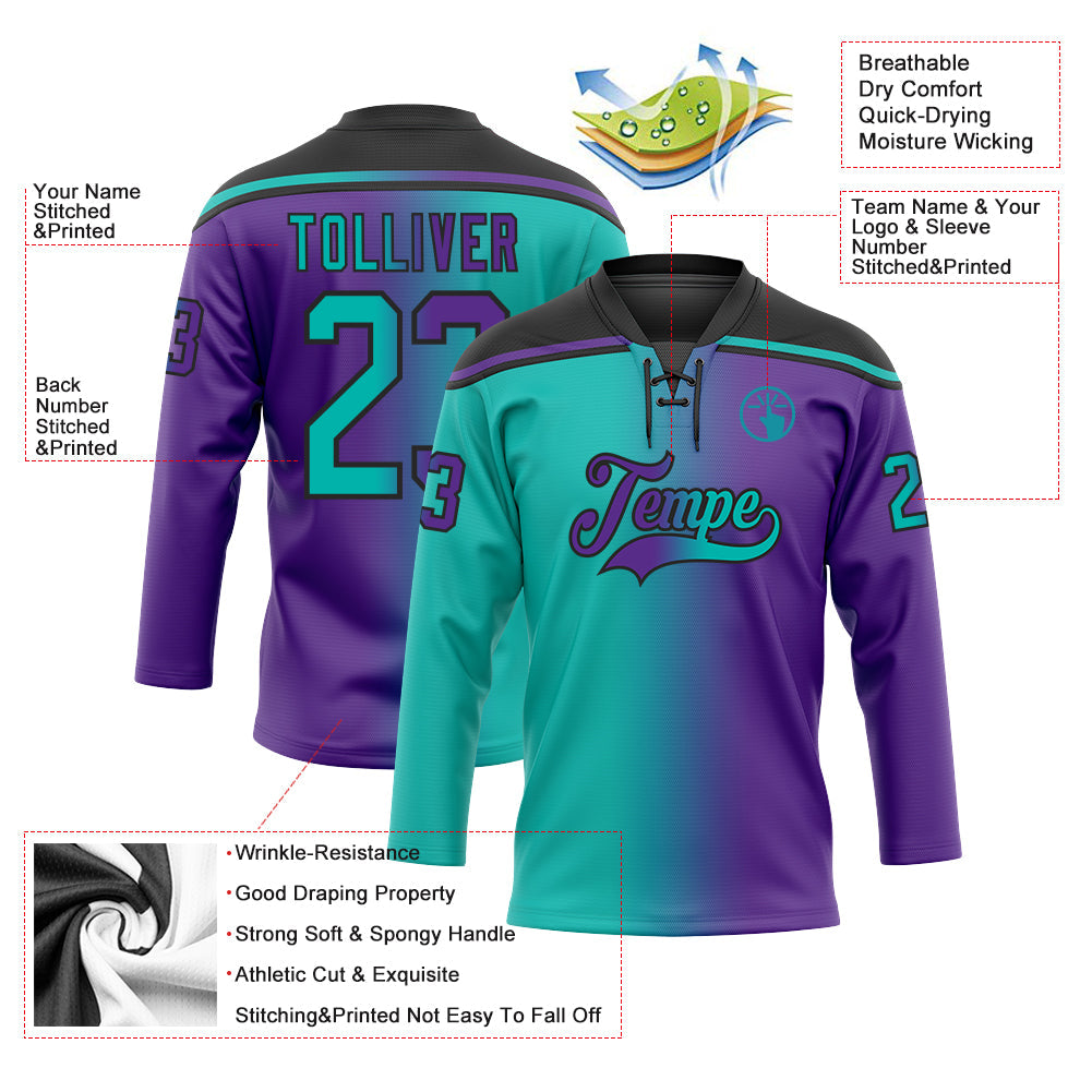 Custom Purple Aqua-Black Gradient Fashion Hockey Lace Neck Jersey view 5