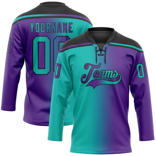 Custom Purple Aqua-Black Gradient Fashion Hockey Lace Neck Jersey - Main View