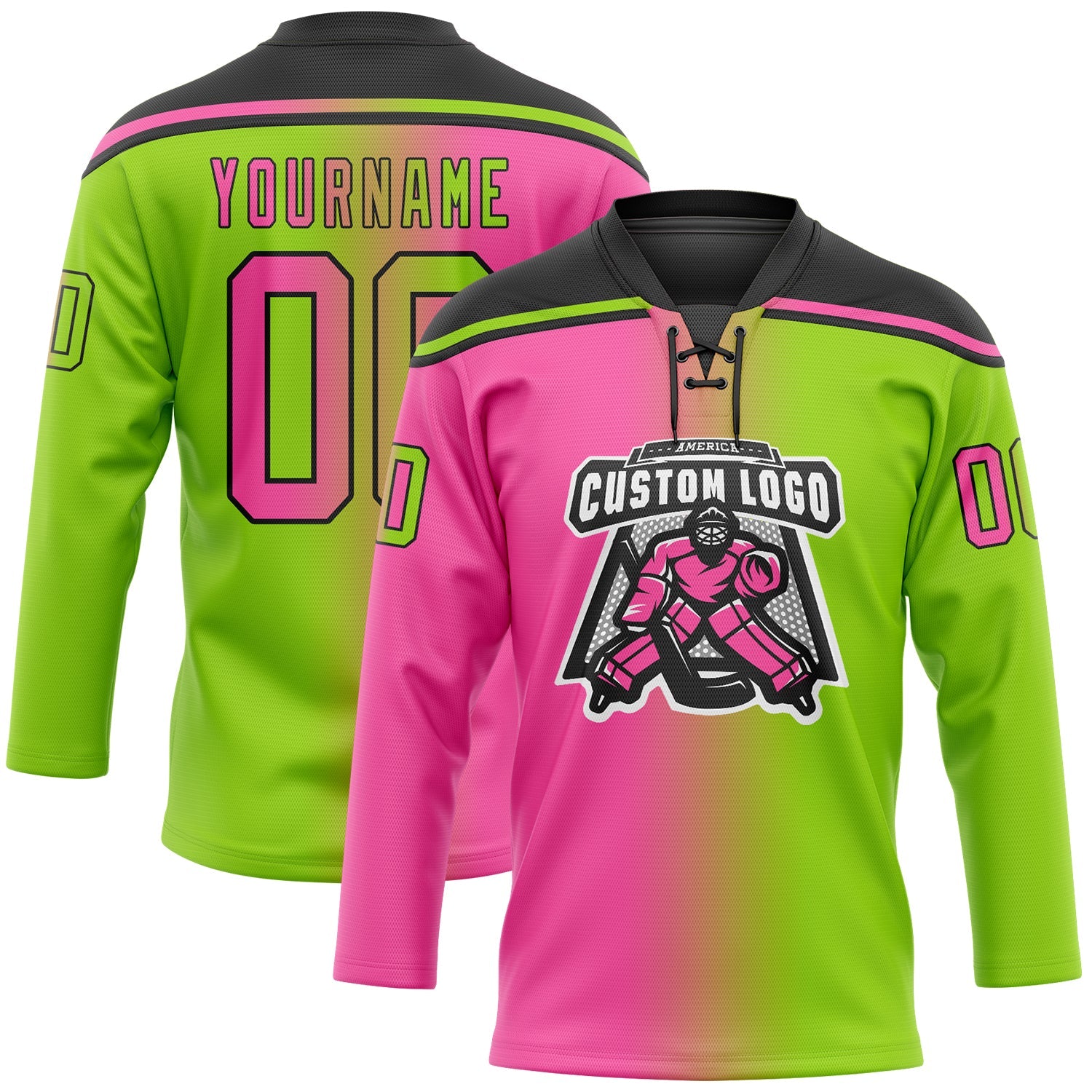 Custom Neon Green Pink-Black Gradient Fashion Hockey Lace Neck Jersey view 2