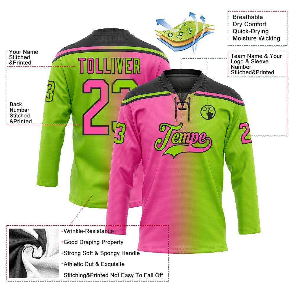 Custom Neon Green Pink-Black Gradient Fashion Hockey Lace Neck Jersey view 5