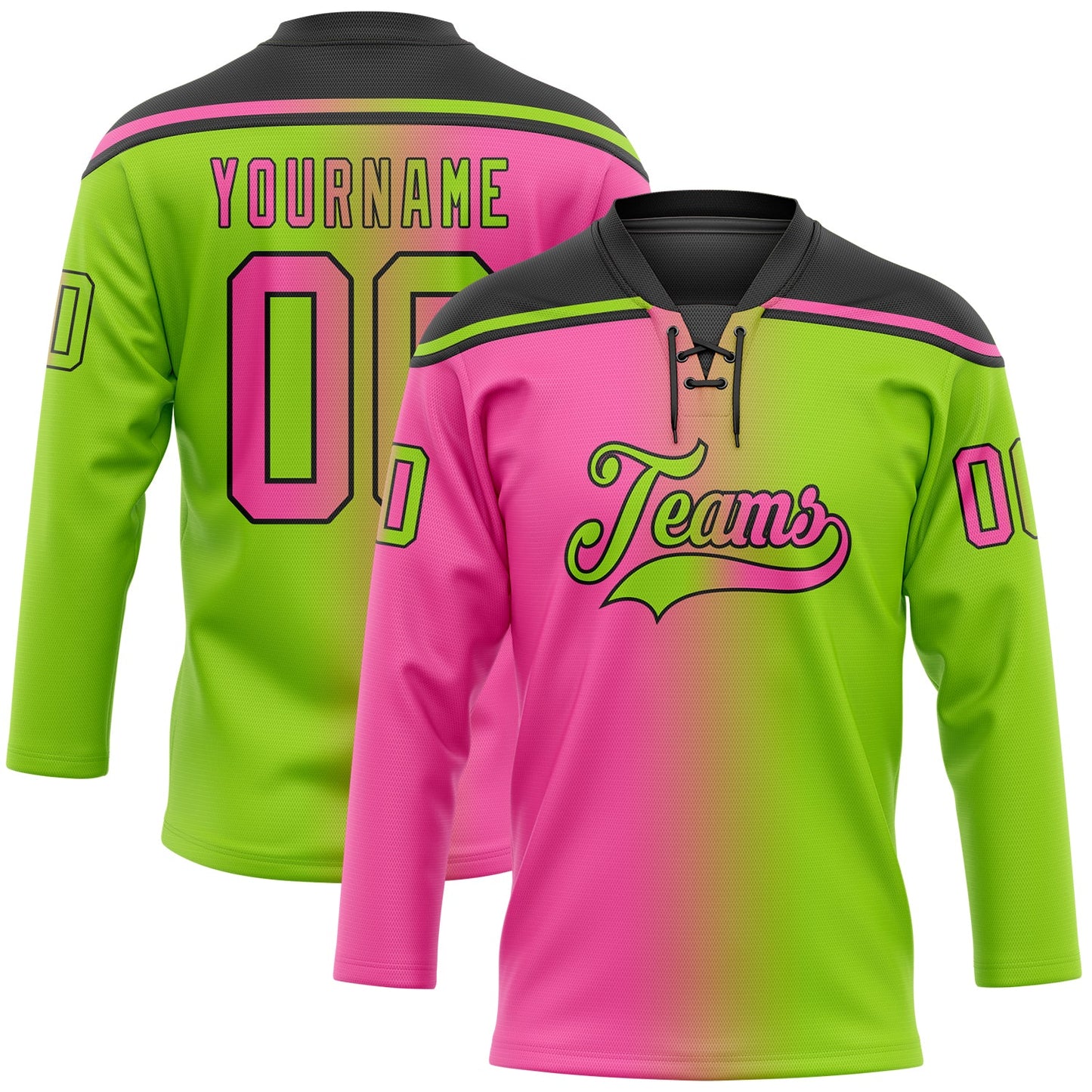 Custom Neon Green Pink-Black Gradient Fashion Hockey Lace Neck Jersey - Main View