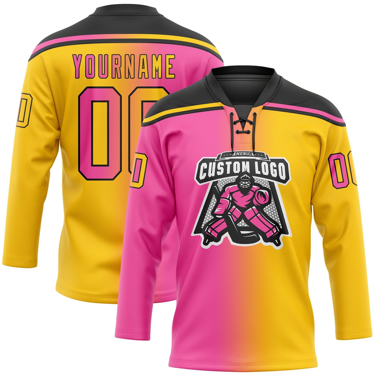 Custom Yellow Pink-Black Gradient Fashion Hockey Lace Neck Jersey view 2