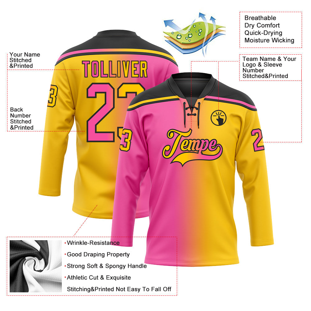 Custom Yellow Pink-Black Gradient Fashion Hockey Lace Neck Jersey view 5