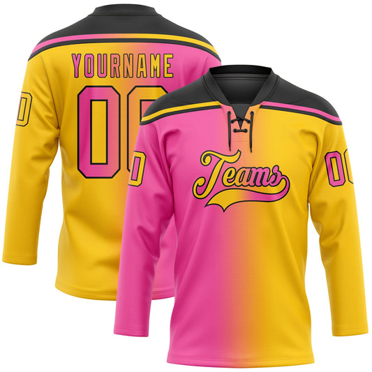 Custom Yellow Pink-Black Gradient Fashion Hockey Lace Neck Jersey - Main View
