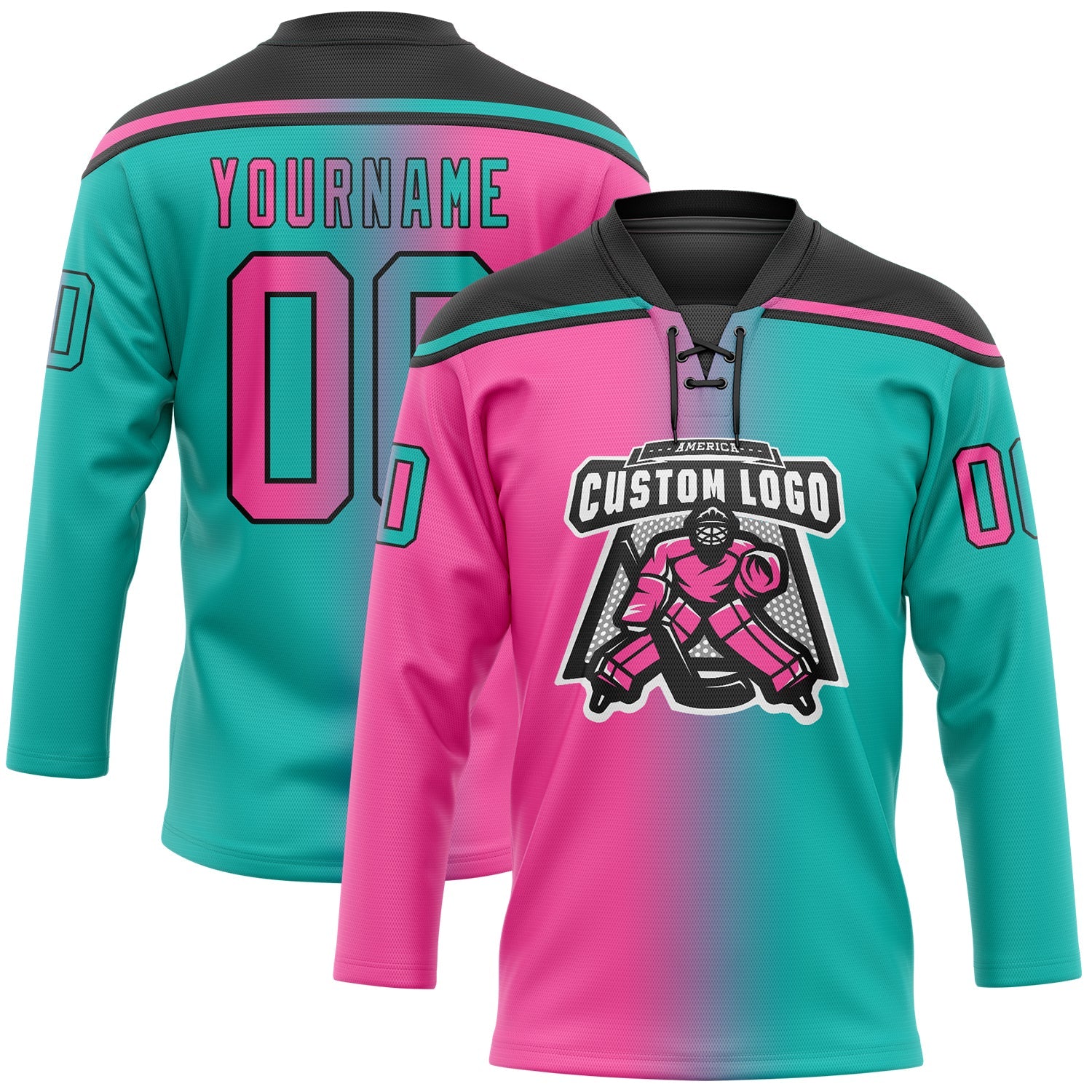 Custom Aqua Pink-Black Gradient Fashion Hockey Lace Neck Jersey view 2