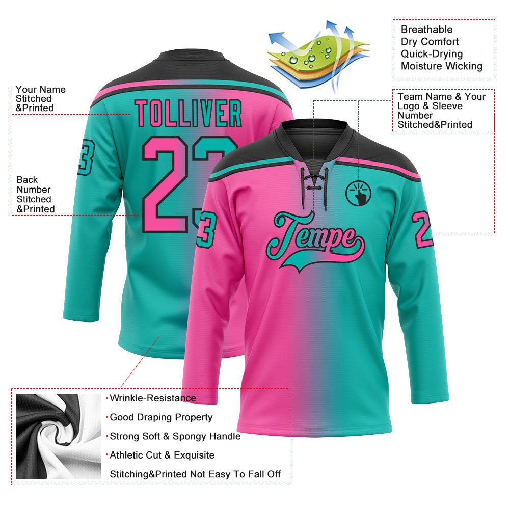 Custom Aqua Pink-Black Gradient Fashion Hockey Lace Neck Jersey view 5