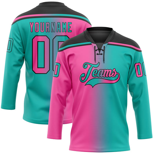Custom Aqua Pink-Black Gradient Fashion Hockey Lace Neck Jersey - Main View