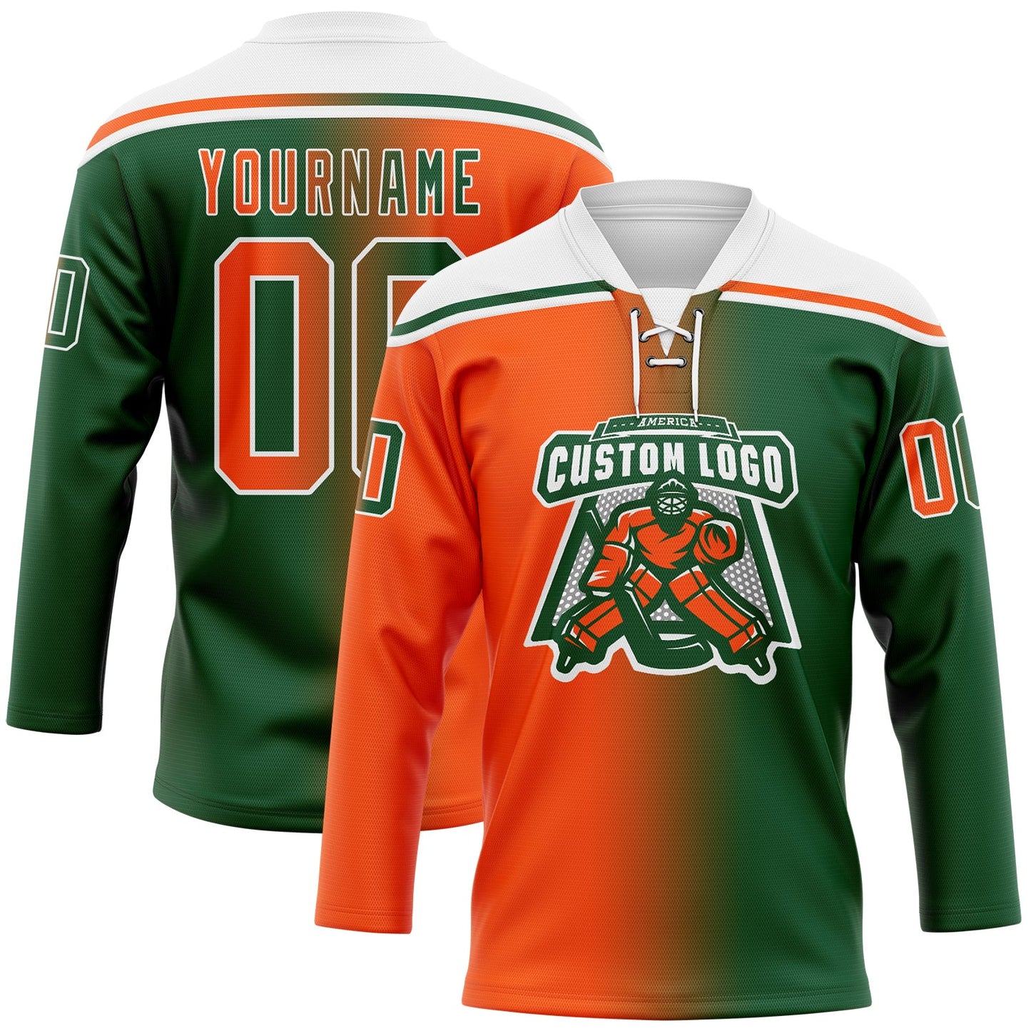 Custom Green Orange-White Gradient Fashion Hockey Lace Neck Jersey view 2