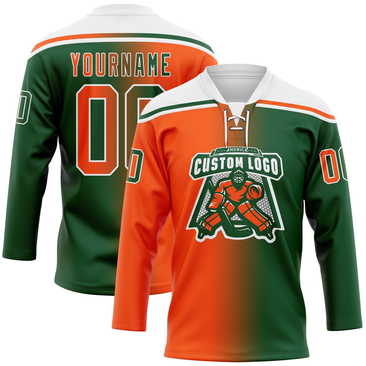 Custom Green Orange-White Gradient Fashion Hockey Lace Neck Jersey view 2